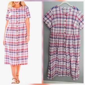 Cottagecore Midi Shirt Dress Size 18W Red White Blue Plaid Button Up Pockets